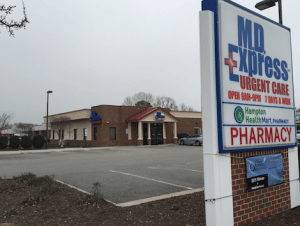 Hampton M.D. Express Urgent Care outside of building and street sign